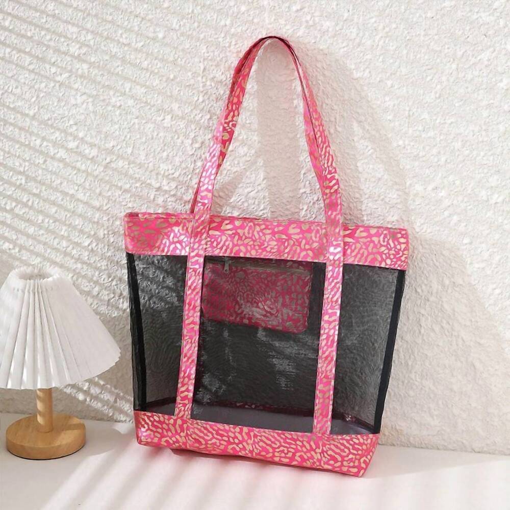 NEW JUDSON & CO. metallic animal print mesh beach vacation tote in hot pink